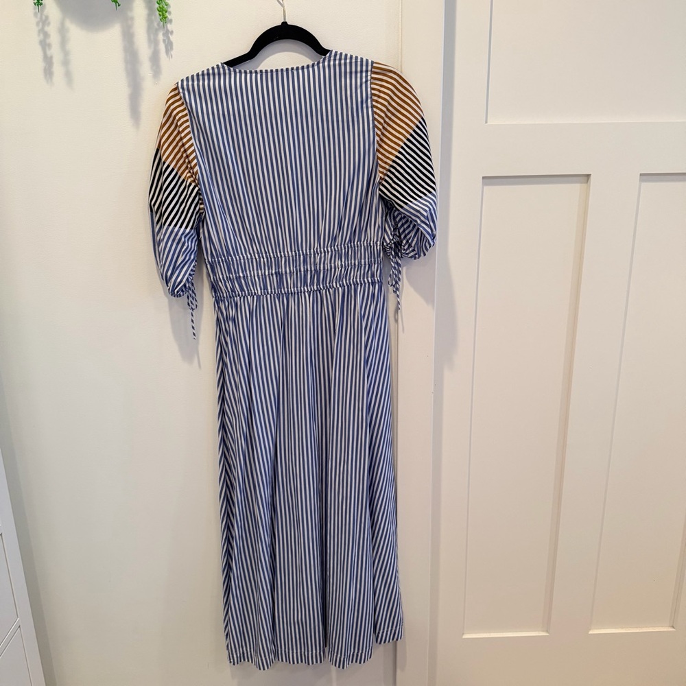 LOFT Striped Midi Dress Tie Puff Sleeve Blue Tan Minimalist Women's Dress MP - Picture 6 of 11
